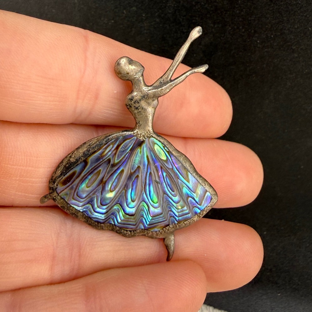 Vintage Ballerina Brooch Abalone Shell Inlay Silver Tone - Picture 1 of 9